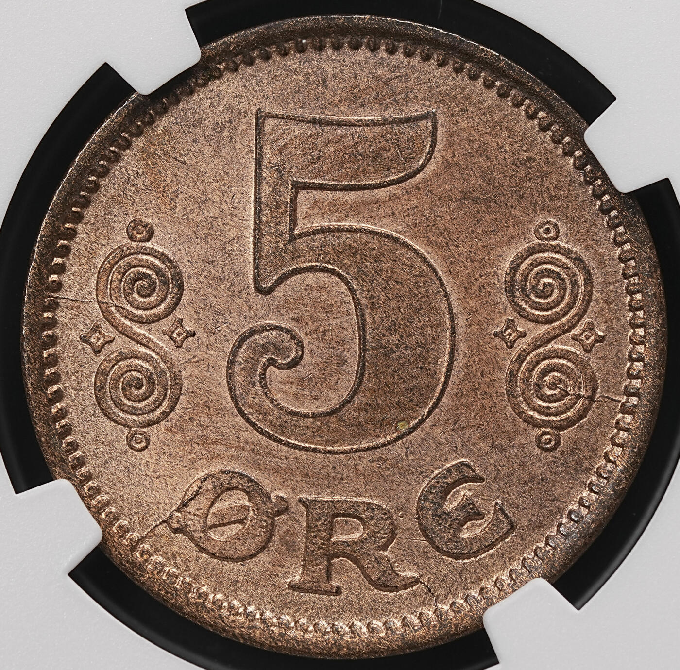 修遠堂世界钱币第112期 NGC MS64RB 1916年丹麦5欧尔铜币 较少见年份 铸造量只有80多万枚