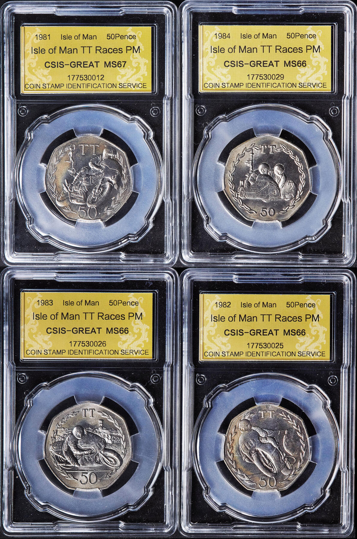 【俄甄集藏】满园春色-2026年(051)04-22星期三 晚 19:30 全场包邮 英属马恩岛1981-1984年TT超级摩托车赛50便士纪念币4枚一组，信泰 MS66-MS67，发行量均为30000枚