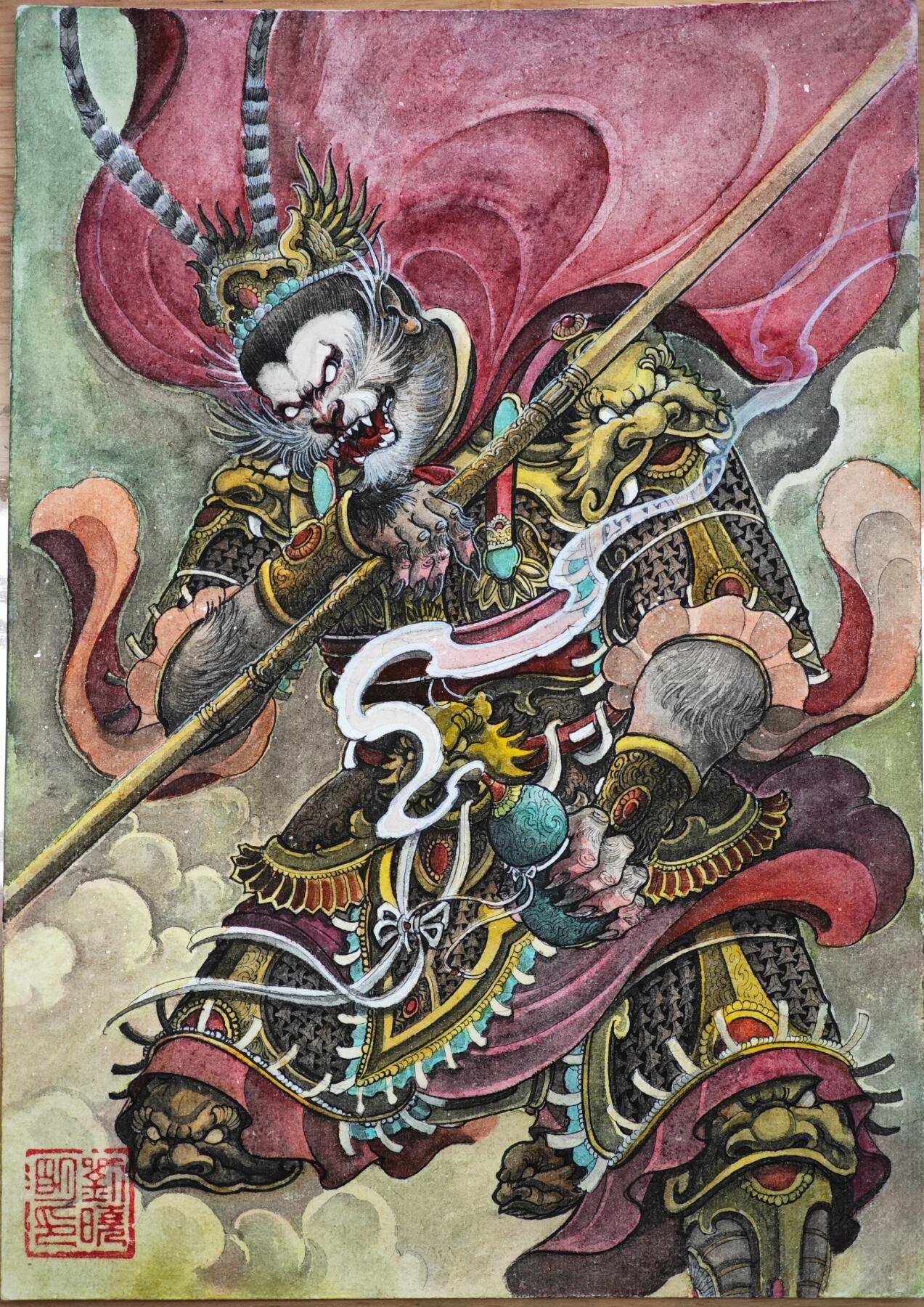 白泽拍卖卡牌手绘专场第35期（问东城春色，正谷雨，牡丹期） 2025 刘晓明手绘画 孙悟空 尺寸;20.7cm*29.5cm  刘晓明钤印