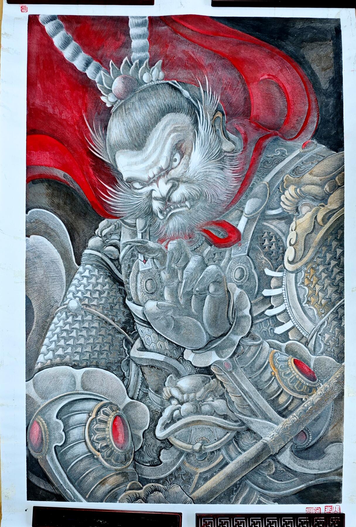 白泽拍卖卡牌手绘专场第35期（问东城春色，正谷雨，牡丹期） 2022 刘晓明手绘画 孙悟空 尺寸：69.5cm*89.5cm  刘晓明亲签 钤印