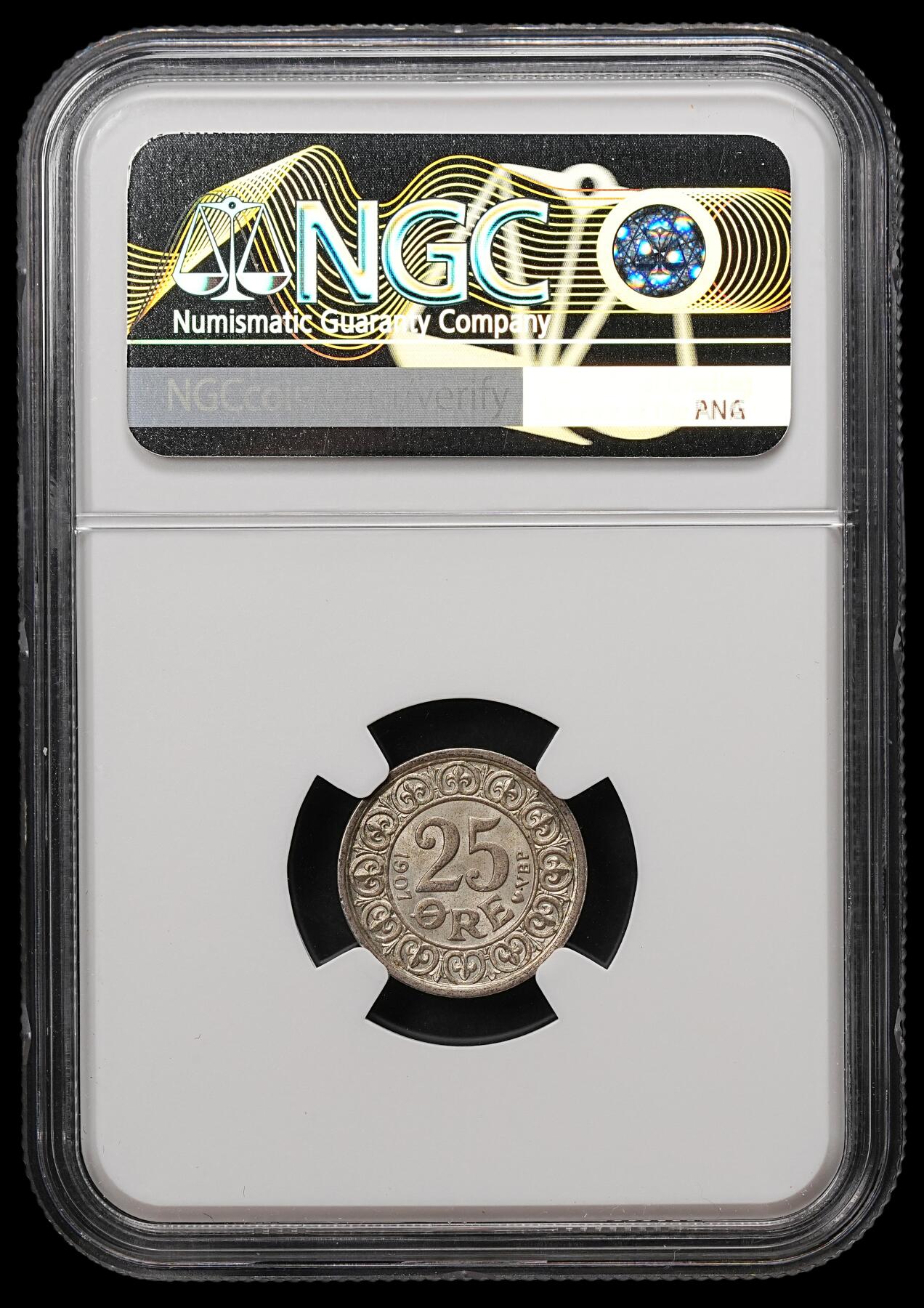 修遠堂世界钱币第112期 NGC MS65 1907年丹麦25欧尔银币