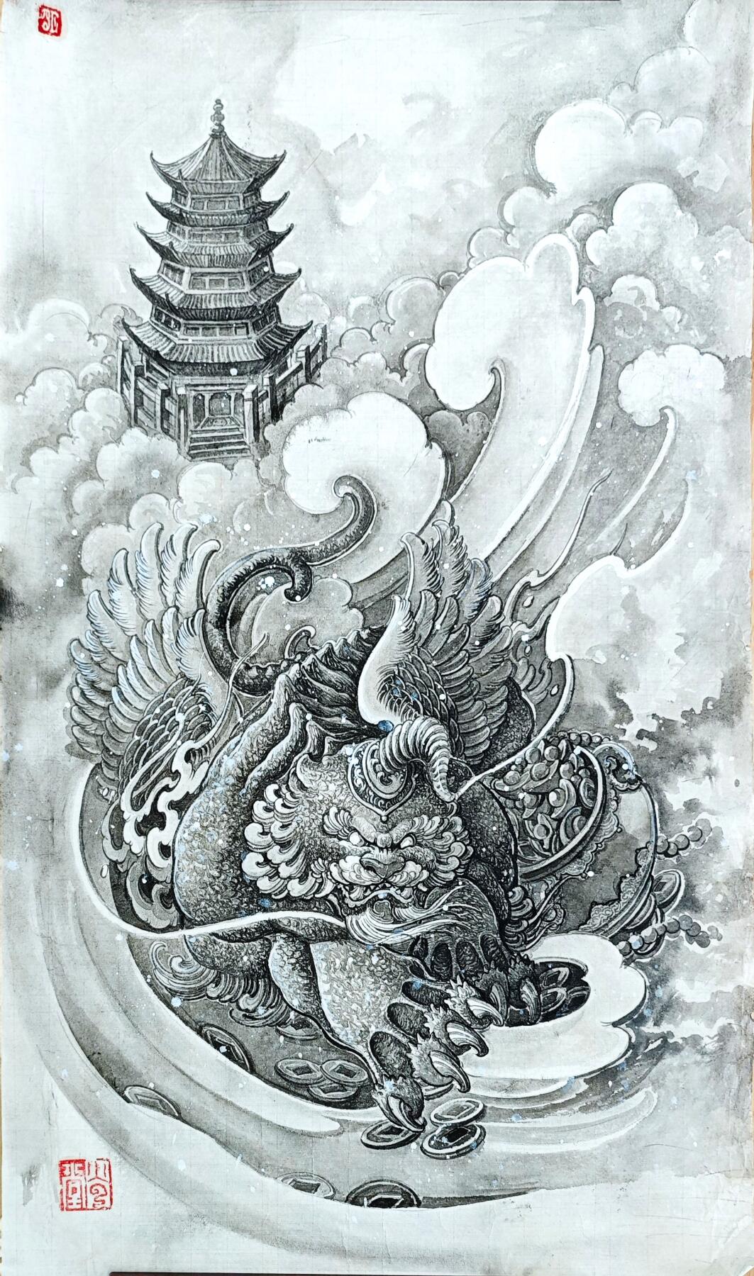 白泽拍卖卡牌手绘专场第35期（问东城春色，正谷雨，牡丹期） 2025 刘晓明手绘画 尺寸：38cm*66.3cm  刘晓明钤印