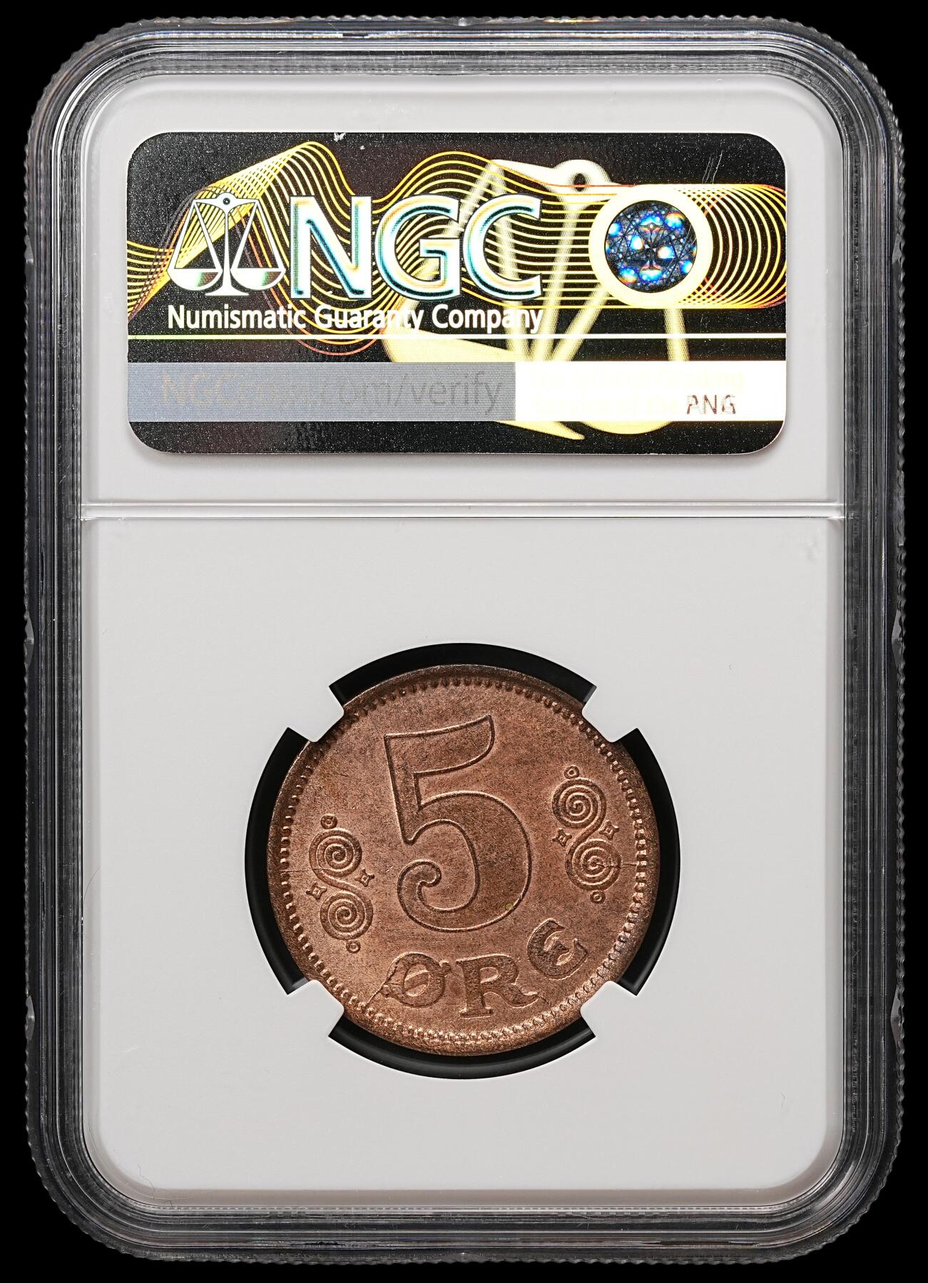 修遠堂世界钱币第112期 NGC MS64RB 1916年丹麦5欧尔铜币 较少见年份 铸造量只有80多万枚