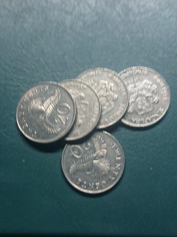 松南世界钱币——260416 新加坡高盾徽版本20分镍币5枚共计1元1