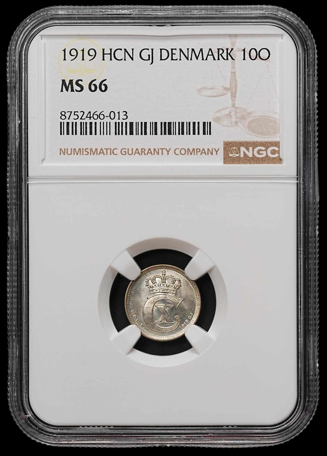 修遠堂世界钱币第112期 NGC MS66 1919年丹麦10欧尔银币 高分收藏级