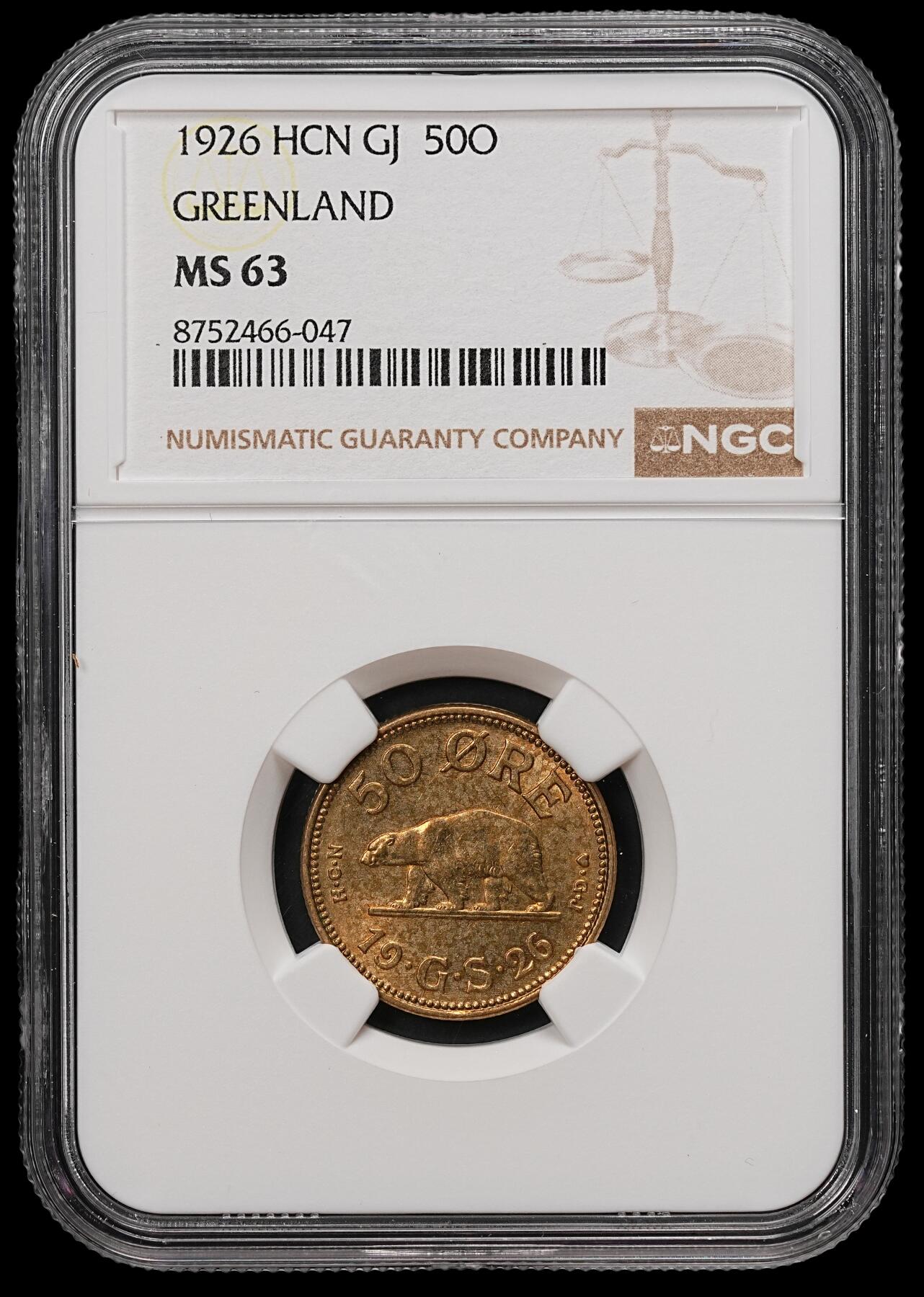 修遠堂世界钱币第112期 NGC MS63  1926年格陵兰岛50欧尔