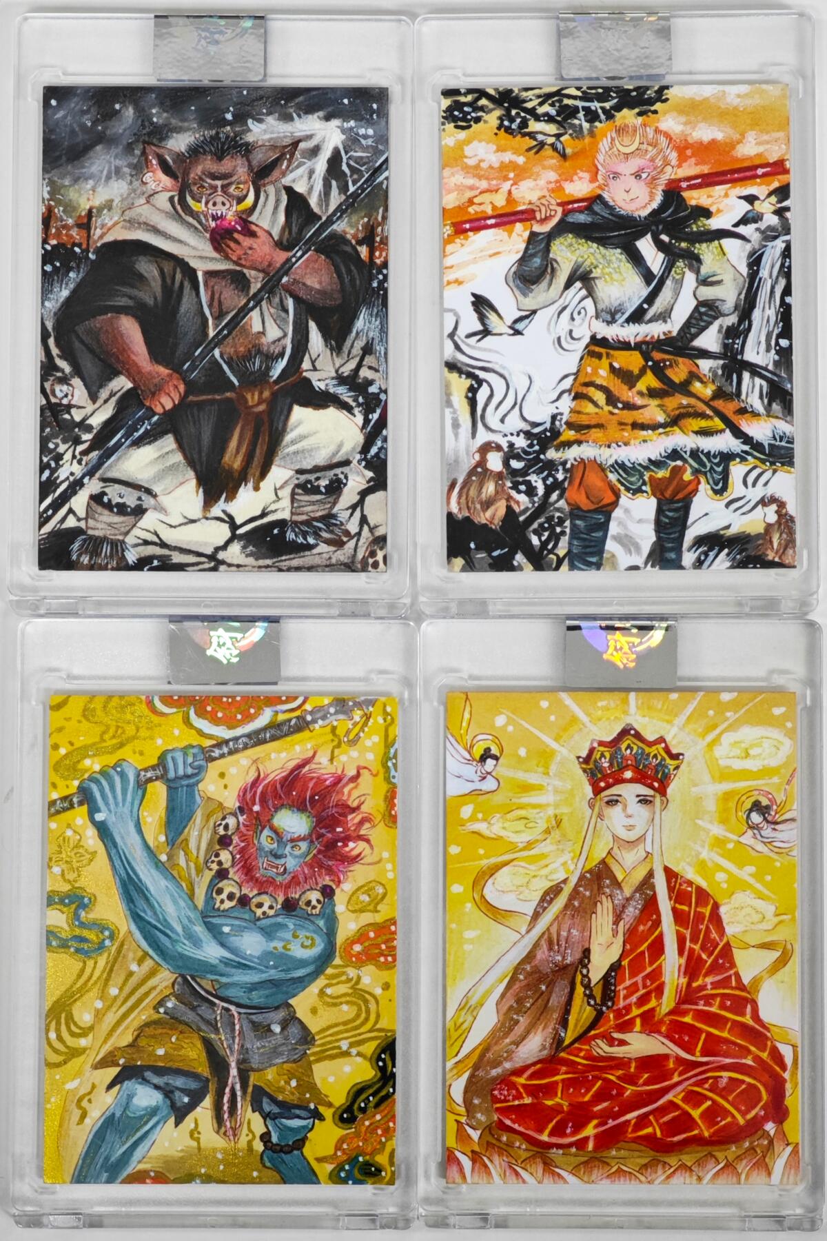 白泽拍卖卡牌手绘专场第35期（问东城春色，正谷雨，牡丹期） 2025 斜月无心手绘卡 4张 师徒四人  橙困亲签 卡砖封装