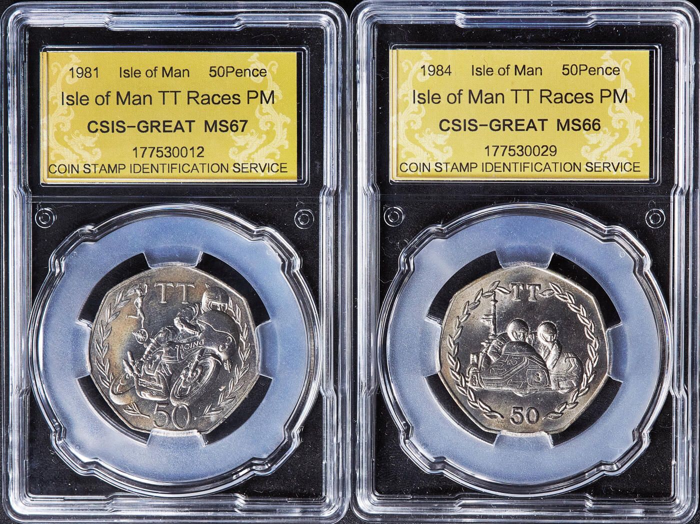 【俄甄集藏】满园春色-2026年(051)04-22星期三 晚 19:30 全场包邮 英属马恩岛1981-1984年TT超级摩托车赛50便士纪念币4枚一组，信泰 MS66-MS67，发行量均为30000枚