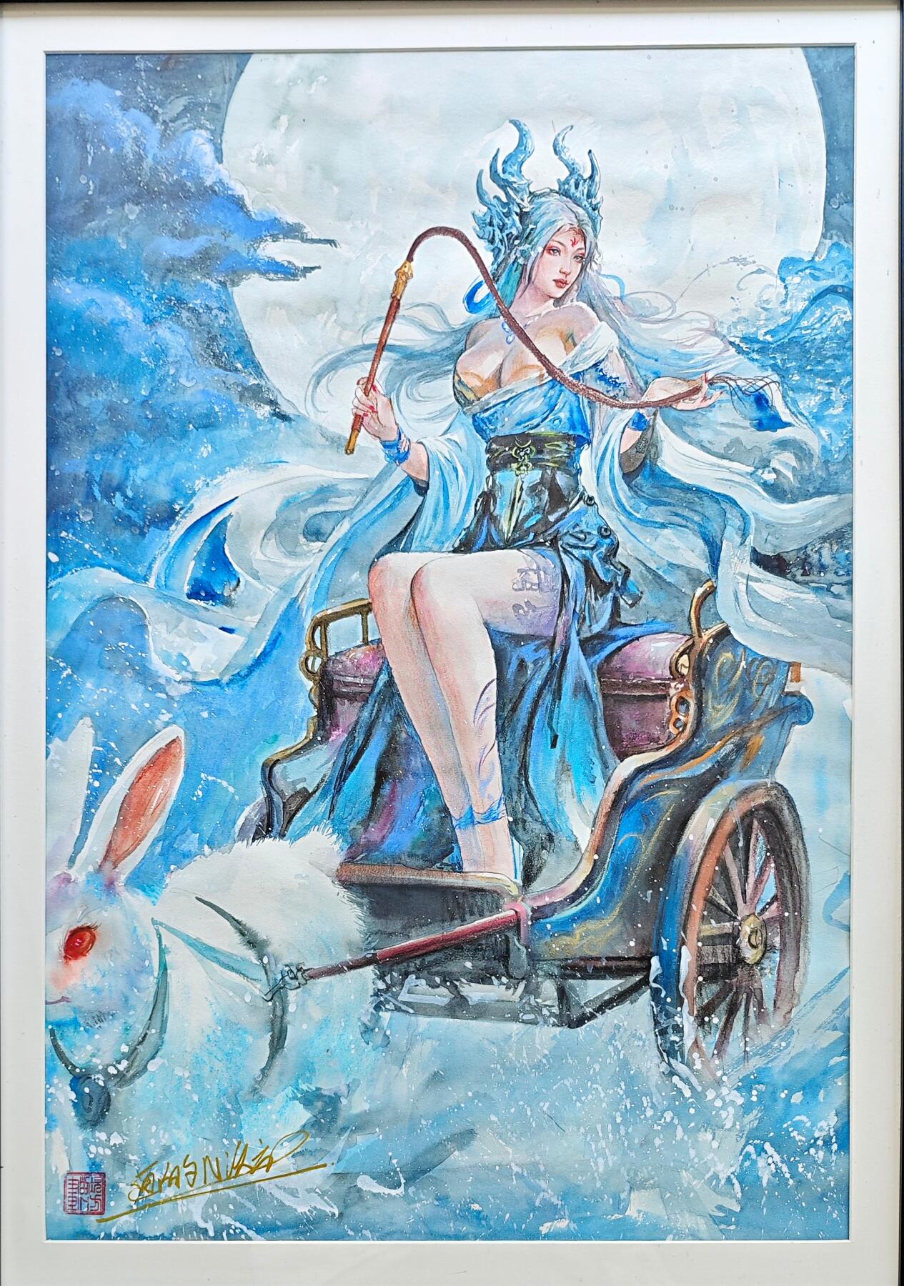 白泽拍卖卡牌手绘专场第35期（问东城春色，正谷雨，牡丹期） 2025 画的n次方手绘画 嫦娥玉兔 已装裱 尺寸：内46.5cm*68.3cm 外55.5cm*77.5cm  画的n次方亲签