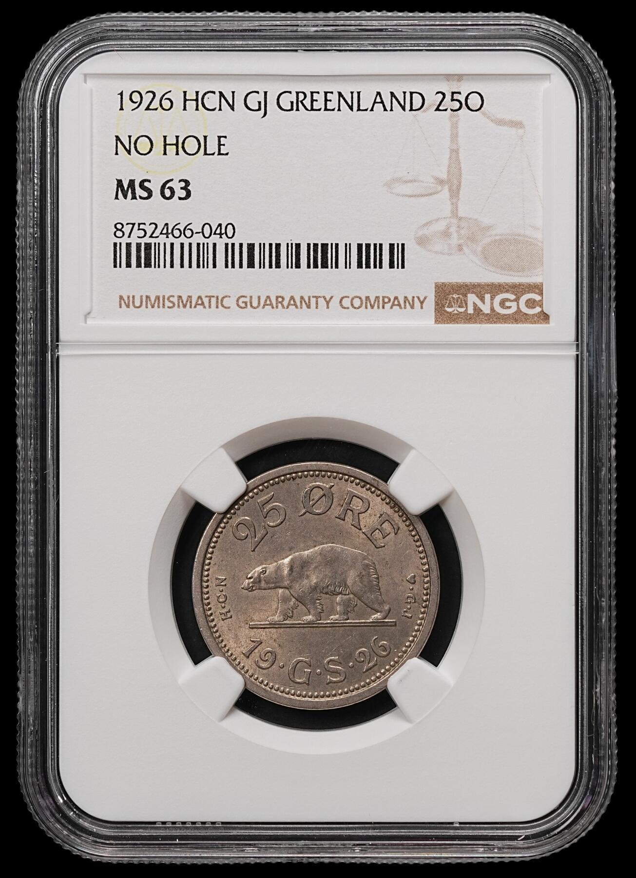 修遠堂世界钱币第112期 NGC MS63  1926年格陵兰岛25欧尔