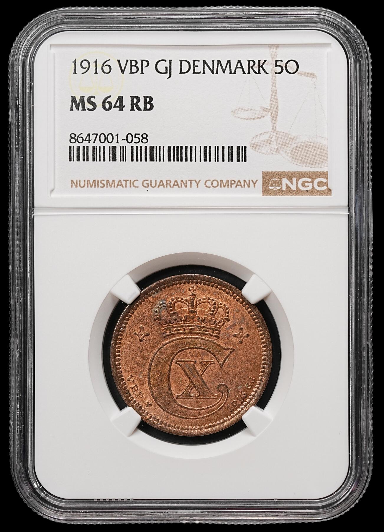 修遠堂世界钱币第112期 NGC MS64RB 1916年丹麦5欧尔铜币 较少见年份 铸造量只有80多万枚