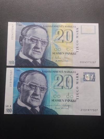 2026四月第三期，总第224期 芬兰1993版20马克初版+正式版两张防伪AUNC 剧作家林纳