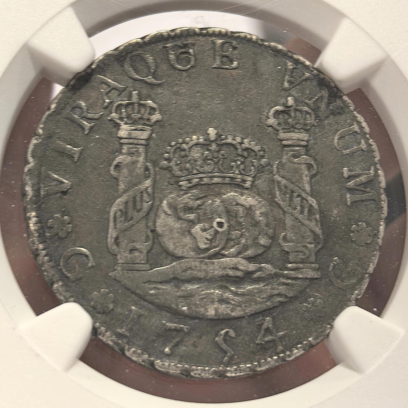 博洋堂世界钱币拍卖第168期（全场包邮） NGC VF 西属危地马拉1754年G J斐迪南六世地球双柱4R银币，及其罕见的危地马拉地球半圆，远比墨西哥、秘鲁的地球半圆更少