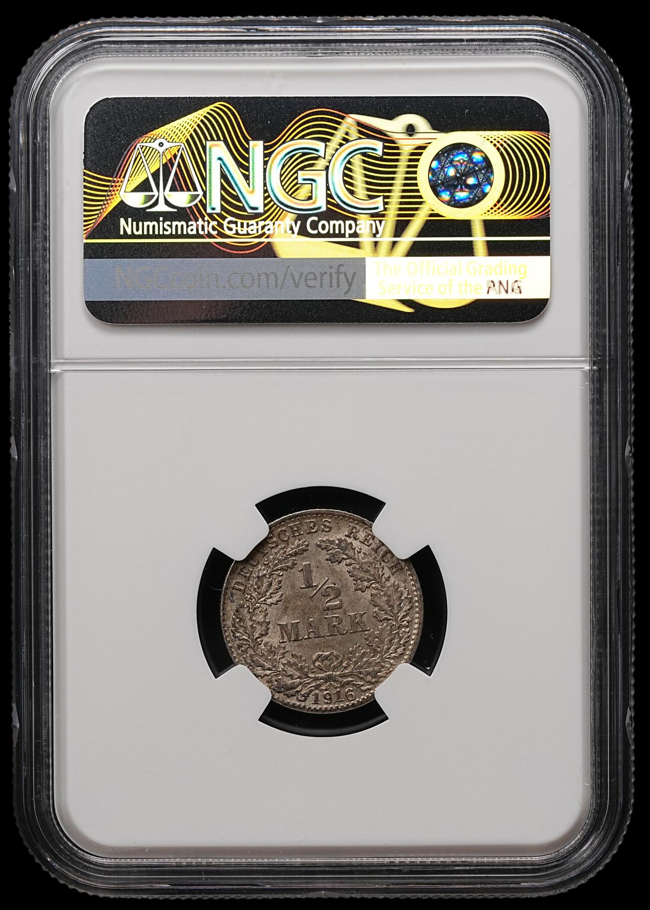 修遠堂世界钱币第112期 NGC MS62 1916年德国1/2马克银币，D厂铭