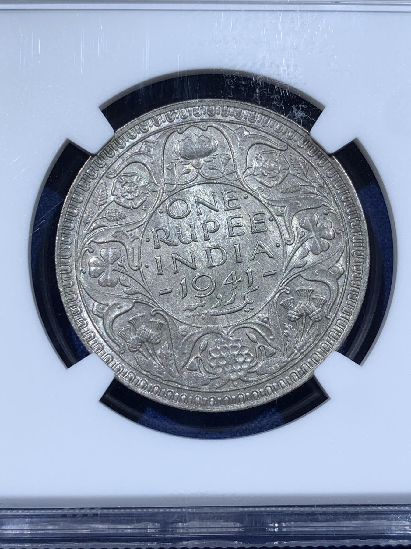 《竞宝斋》第481场 周日，周一 2场连拍 （全场包邮）20级店铺 欢迎送拍 NGC MS62 英属印度1941年乔治六世1卢比银币 不错的分数 状态也好