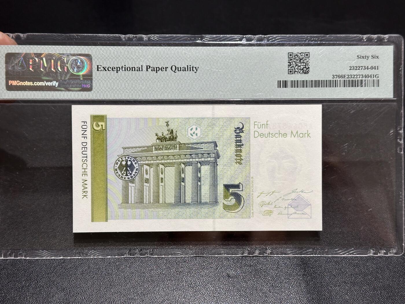 《外钞收藏家》第六百二十八期（精品百拍场）（长期征集拍品、欢迎藏友们联系合作） 1991年德国末版5马克 PMG66 AA冠