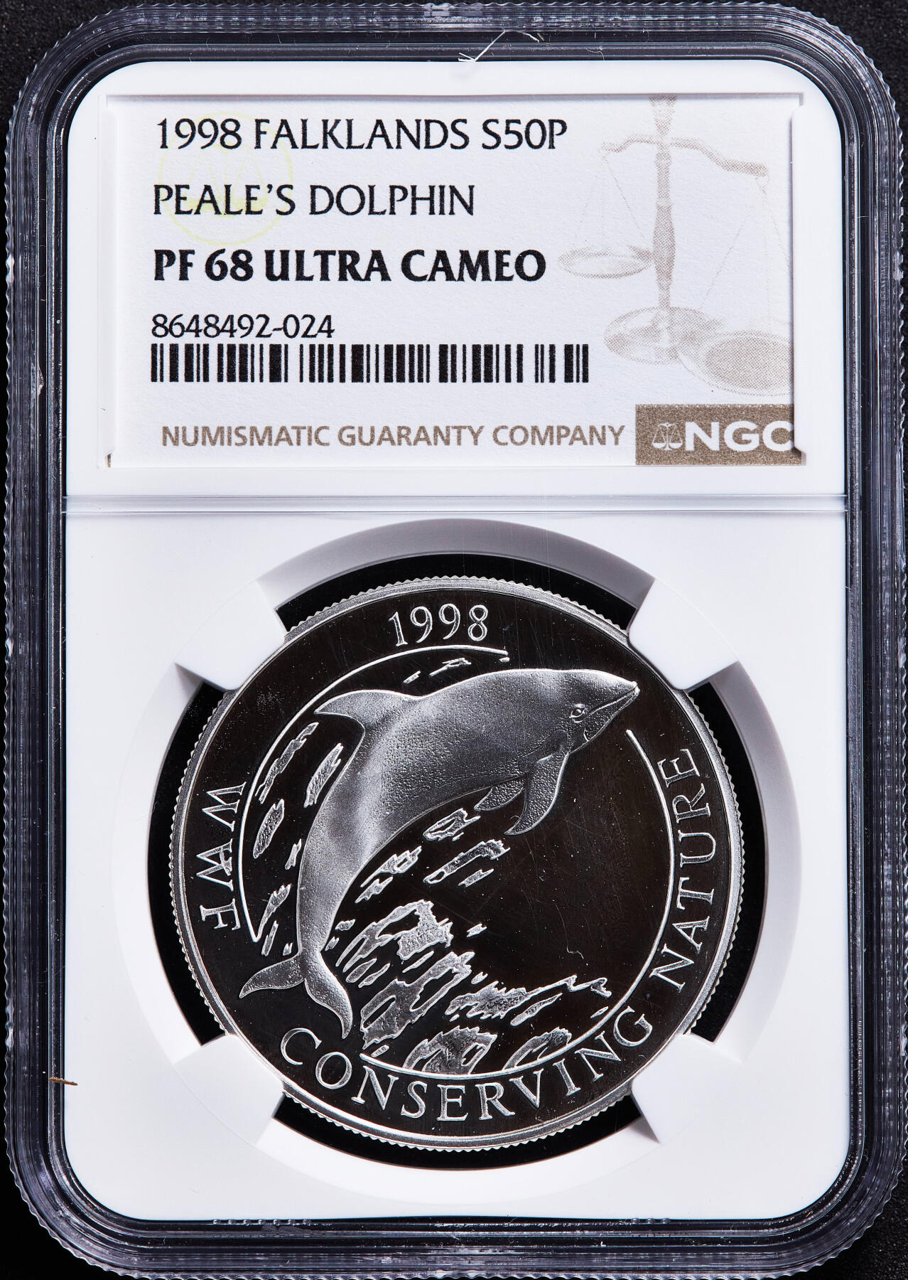 【俄甄集藏】满园春色-2026年(051)04-22星期三 晚 19:30 全场包邮 英属福克兰群岛1998年野生动物保护基金-皮氏斑纹海豚50便士精制大银币，NGC PF68UC，重28.28克，925银，少见品种，唯一季军