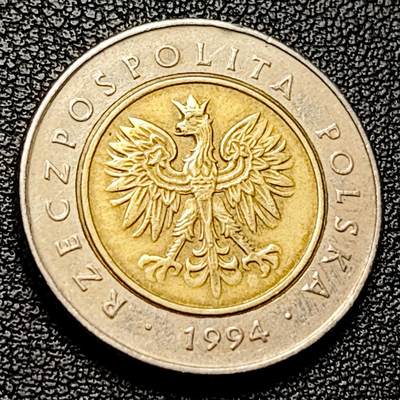 泉币菌-第228场-三月三 上巳节专场 拍品多 请提前出价 皇冠鹰 波兰5兹罗提双金属双色硬币 24.0毫米 6.5克1994-年