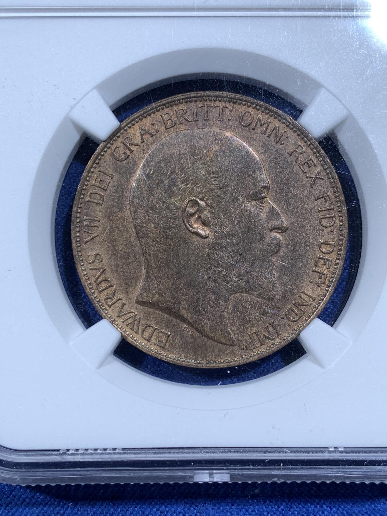 《竞宝斋》第481场 周日，周一 2场连拍 （全场包邮）20级店铺 欢迎送拍 NGC MS62BN 英国1902年1便士大铜币，爱德华七世，高海岸版