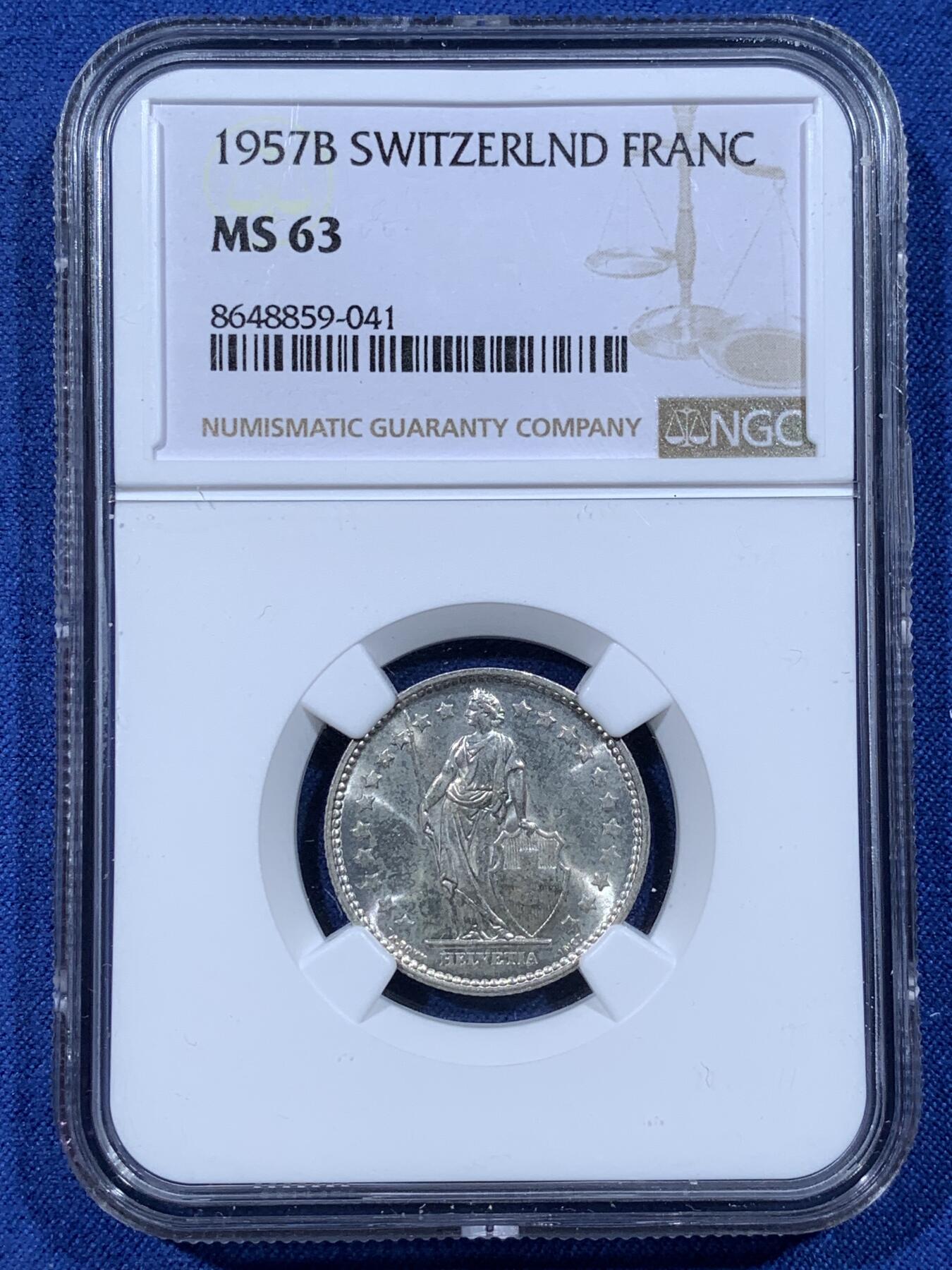 《竞宝斋》第481场 周日，周一 2场连拍 （全场包邮）20级店铺 欢迎送拍 两枚一组 NGC MS61/63 瑞士1950年/1957年女神1/2法郎、1法郎银币