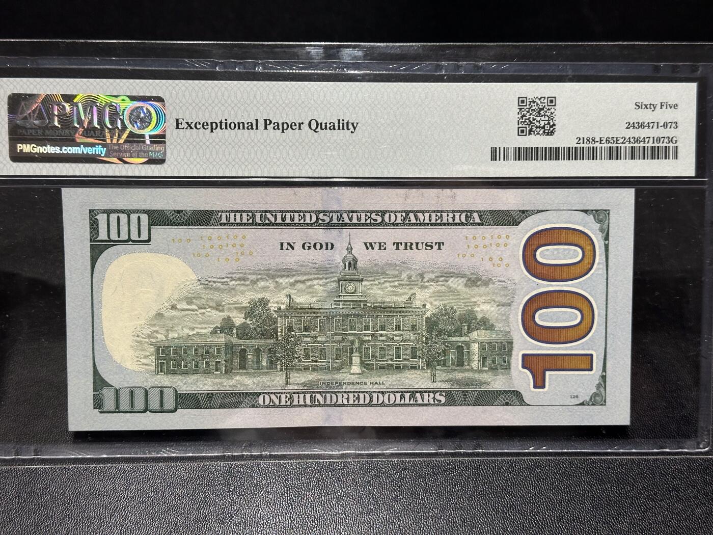 《外钞收藏家》第六百二十八期（精品百拍场）（长期征集拍品、欢迎藏友们联系合作） 2013年美国彩版100美元 PMG65 豹子头888 数三豹子号111