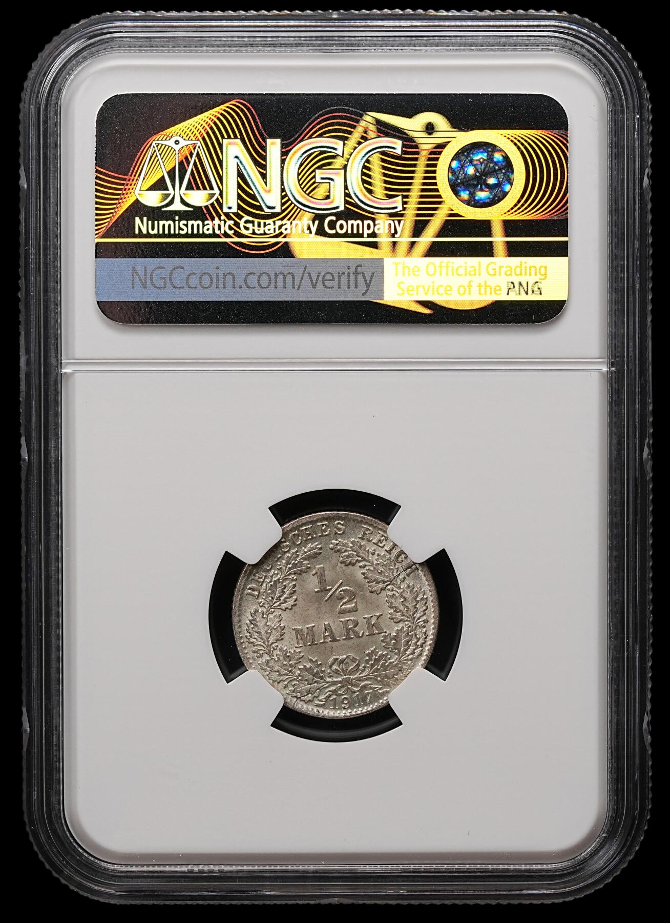 修遠堂世界钱币第112期 NGC MS66 1917年德国1/2马克银币 D厂铭