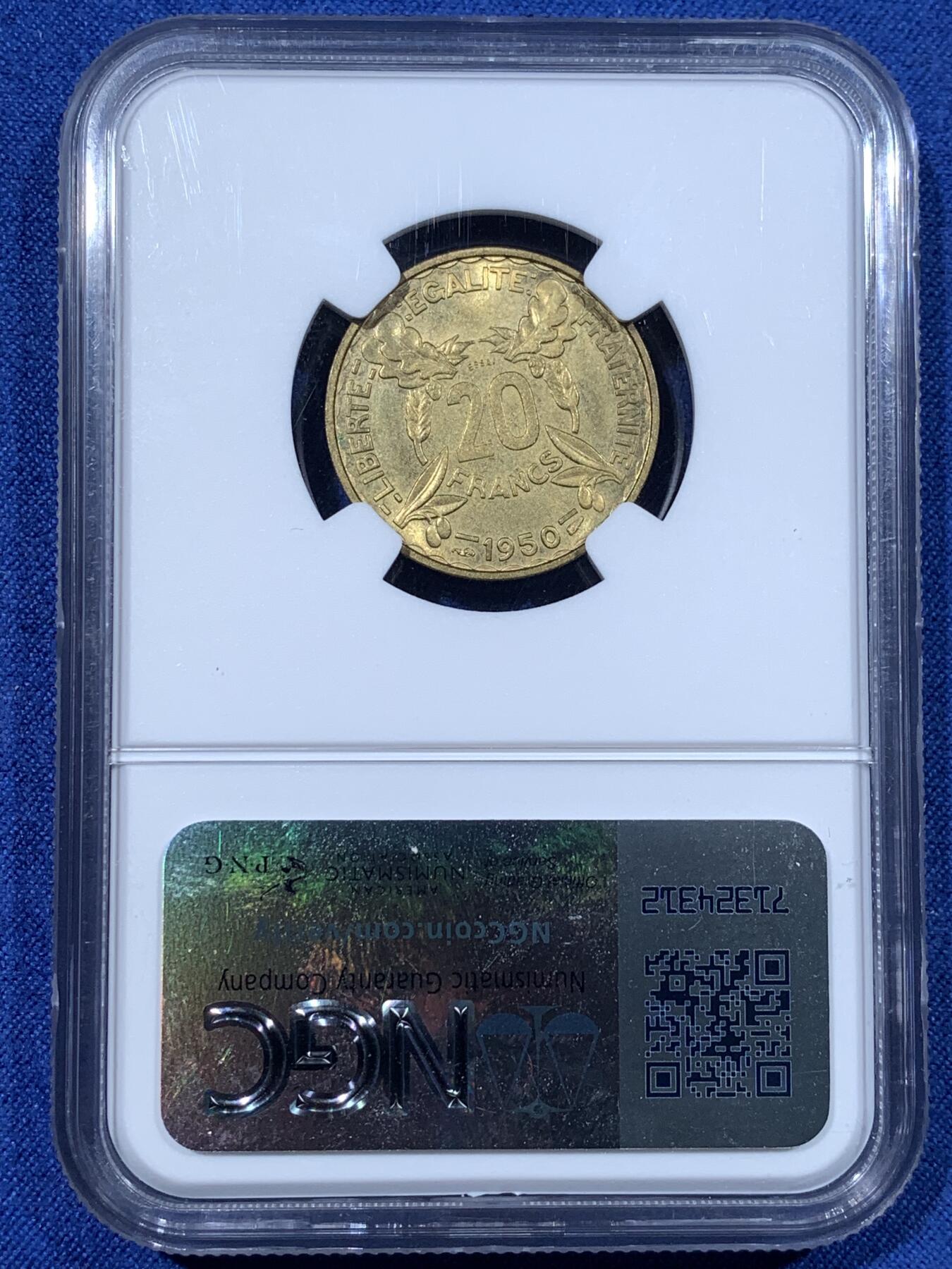 《竞宝斋》第481场 周日，周一 2场连拍 （全场包邮）20级店铺 欢迎送拍 NGC MS65 法国1950年女神20法郎样币