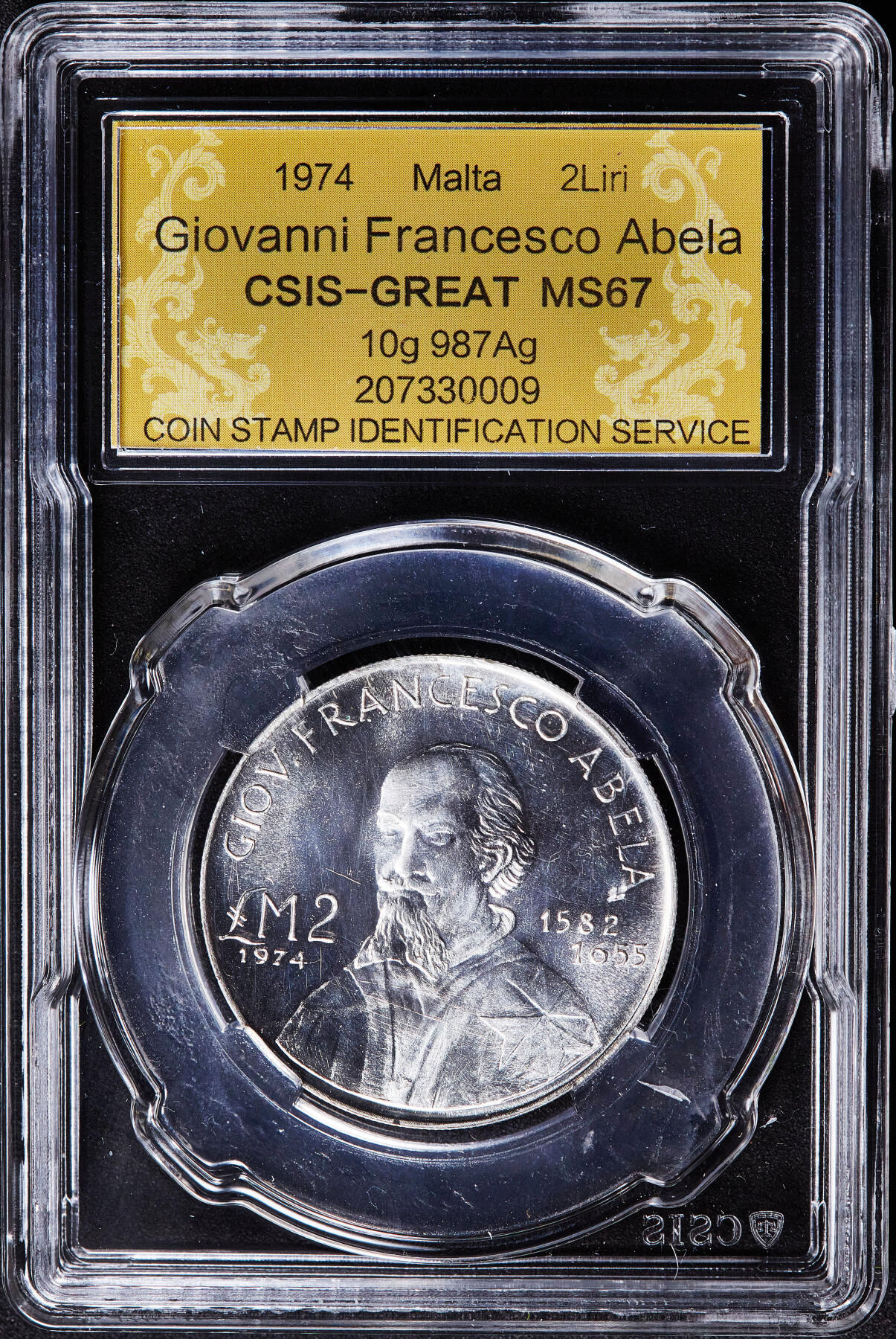 【俄甄集藏】满园春色-2026年(051)04-22星期三 晚 19:30 全场包邮 马耳他1974年历史人物系列-纪念考古学家乔瓦尼·弗朗切斯科·阿贝拉2里拉银币，信泰 MS67，转光品相，重10克，987银，发行量25000枚