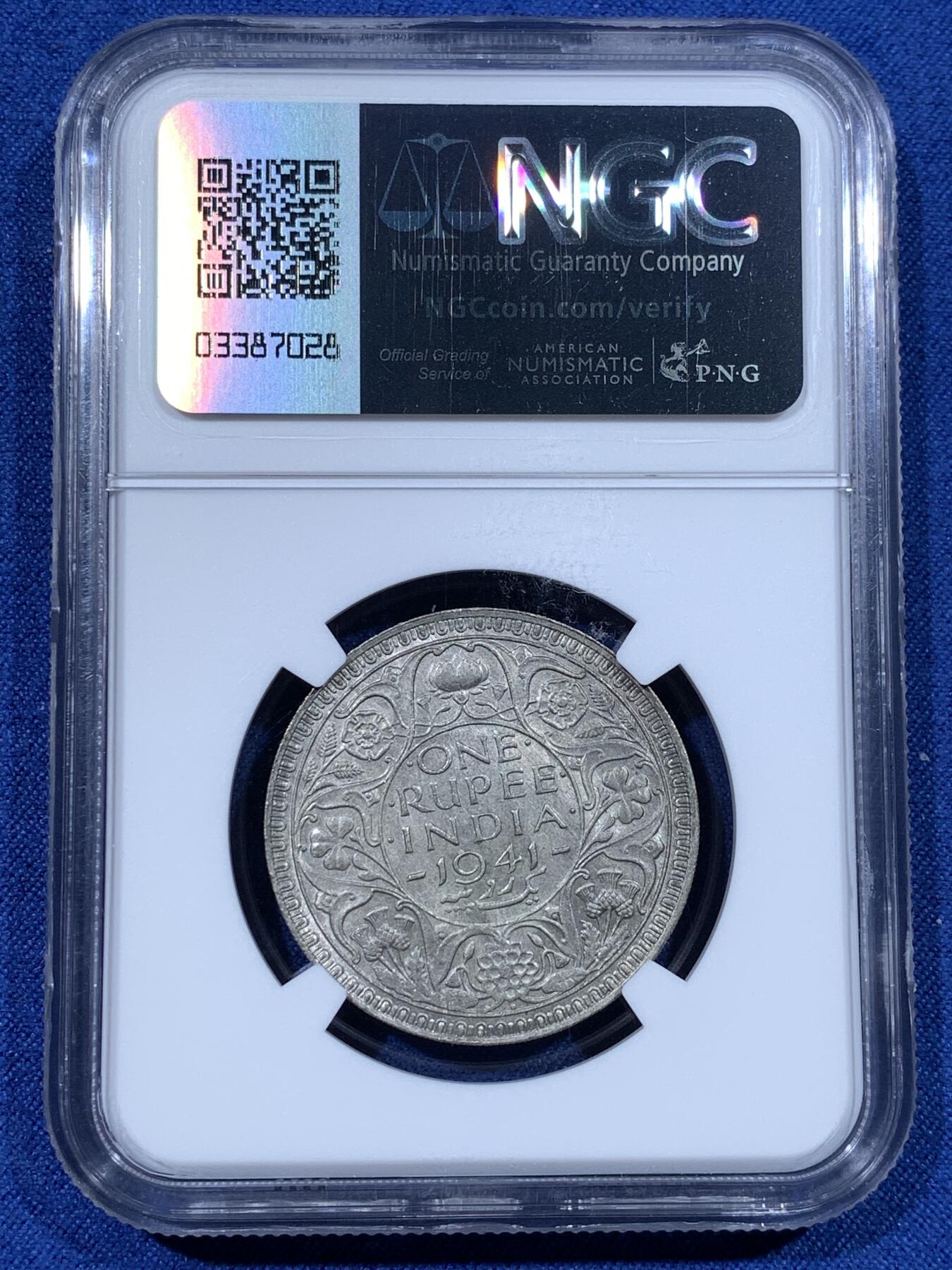 《竞宝斋》第481场 周日，周一 2场连拍 （全场包邮）20级店铺 欢迎送拍 NGC MS62 英属印度1941年乔治六世1卢比银币 不错的分数 状态也好