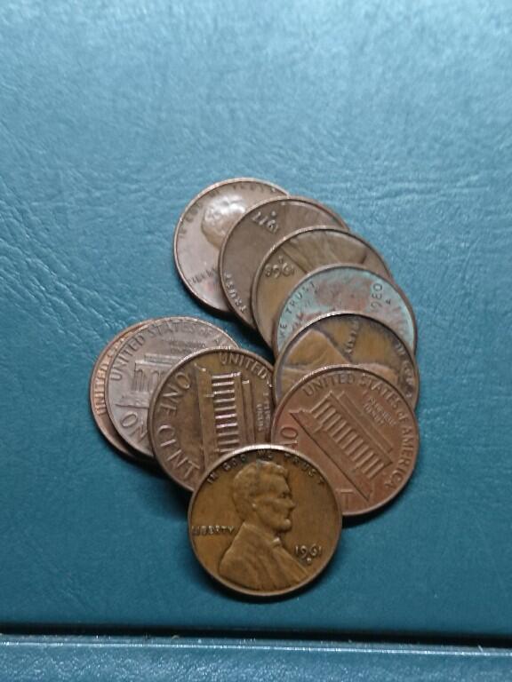 松南世界钱币——260420 美国六七十年代1分红铜铜币10枚约1盎司重3