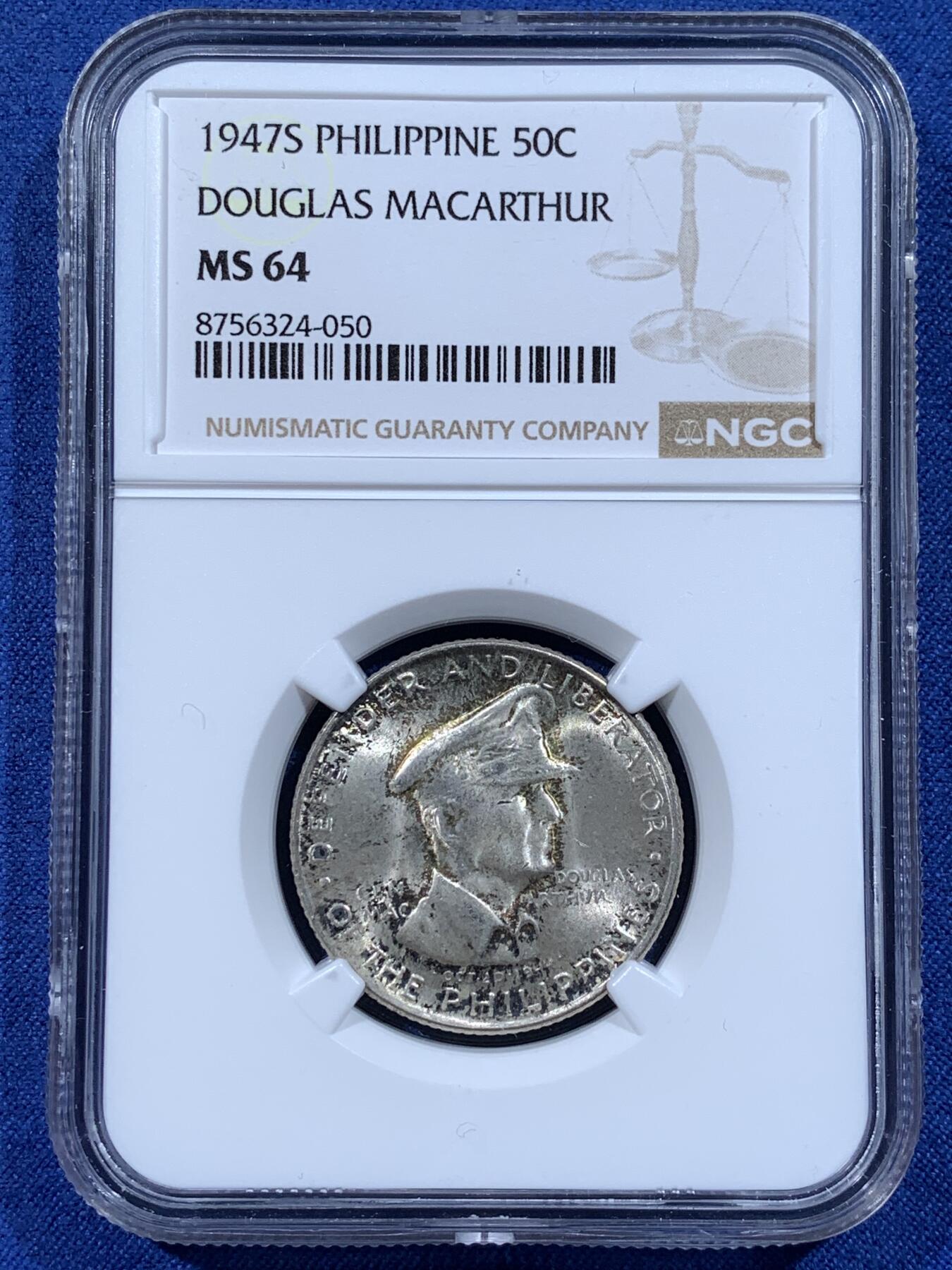 《竞宝斋》第481场 周日，周一 2场连拍 （全场包邮）20级店铺 欢迎送拍 NGC MS64 菲律宾1947年麦克阿瑟50分银币 观感非常好的一枚，BU状态，币面淡彩。