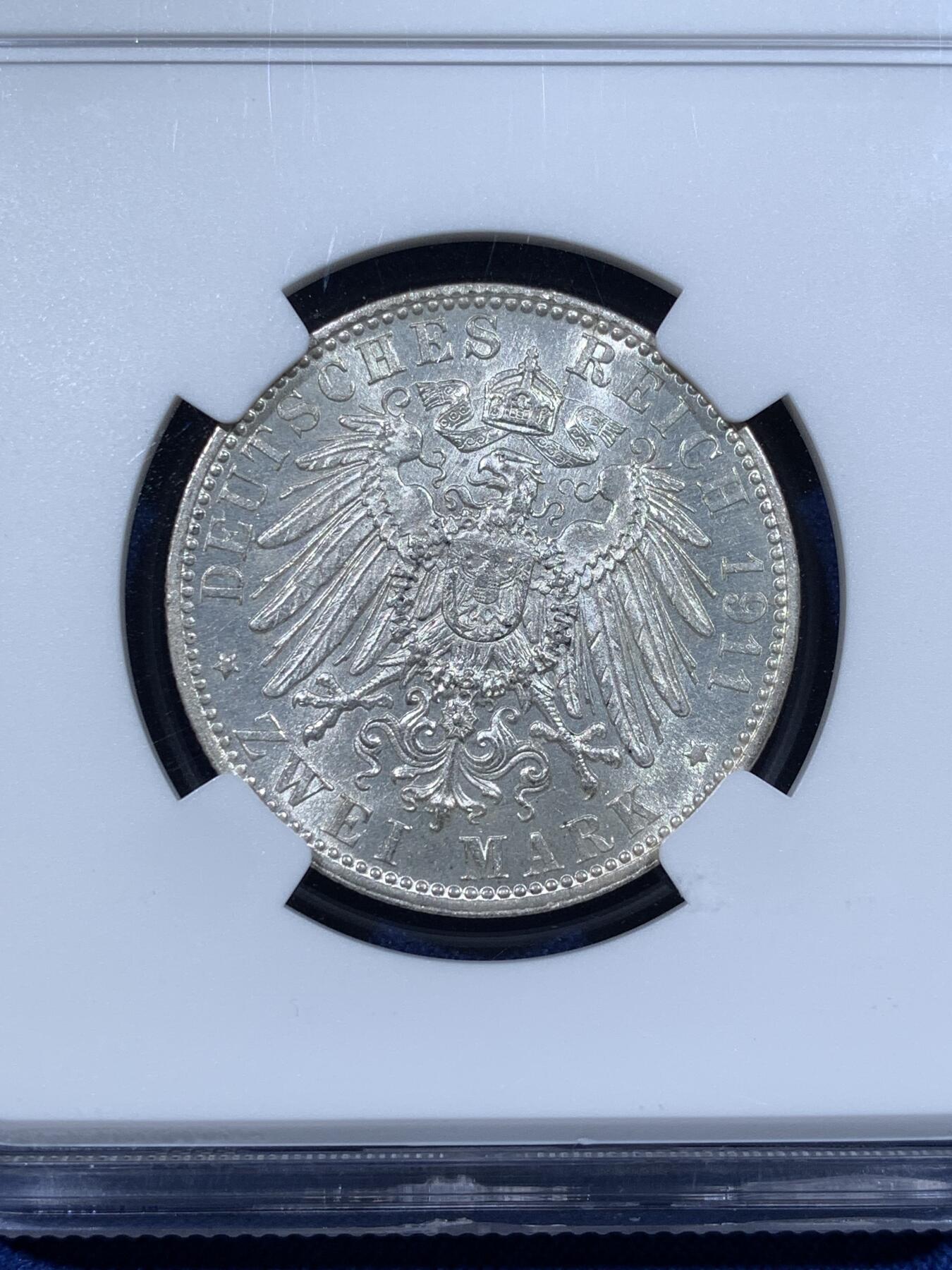 《竞宝斋》第481场 周日，周一 2场连拍 （全场包邮）20级店铺 欢迎送拍 NGC MS61 德国 1911D 巴伐利亚摄政王 柳特波德 90大寿 2马克银币