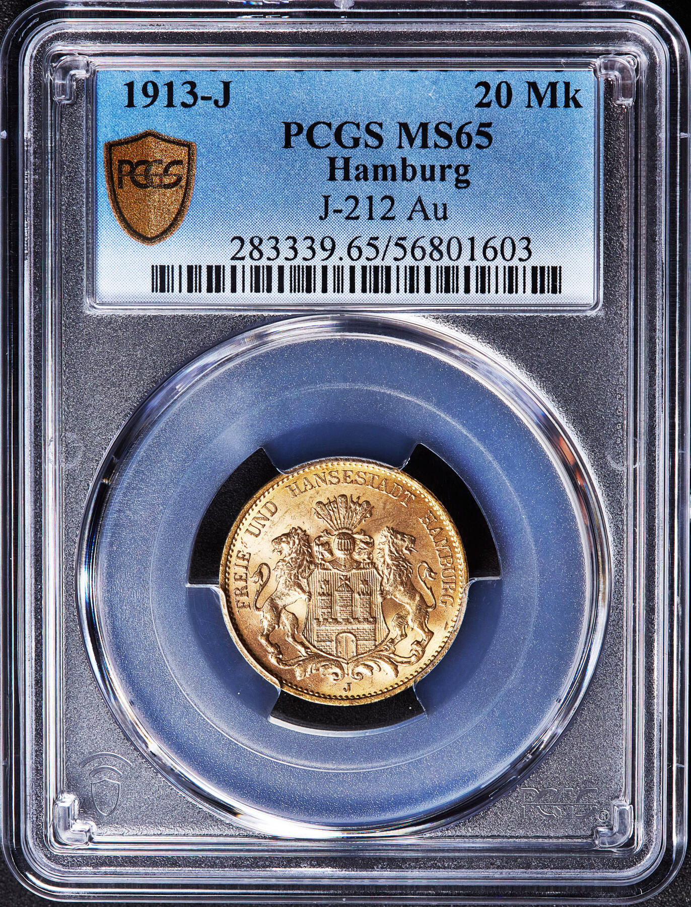 【俄甄集藏】满园春色-2026年(051)04-22星期三 晚 19:30 全场包邮 德国汉堡1913年J版20马克金币，PCGS MS65，转光顶级品相，重7.965克，900金，名誉品种
