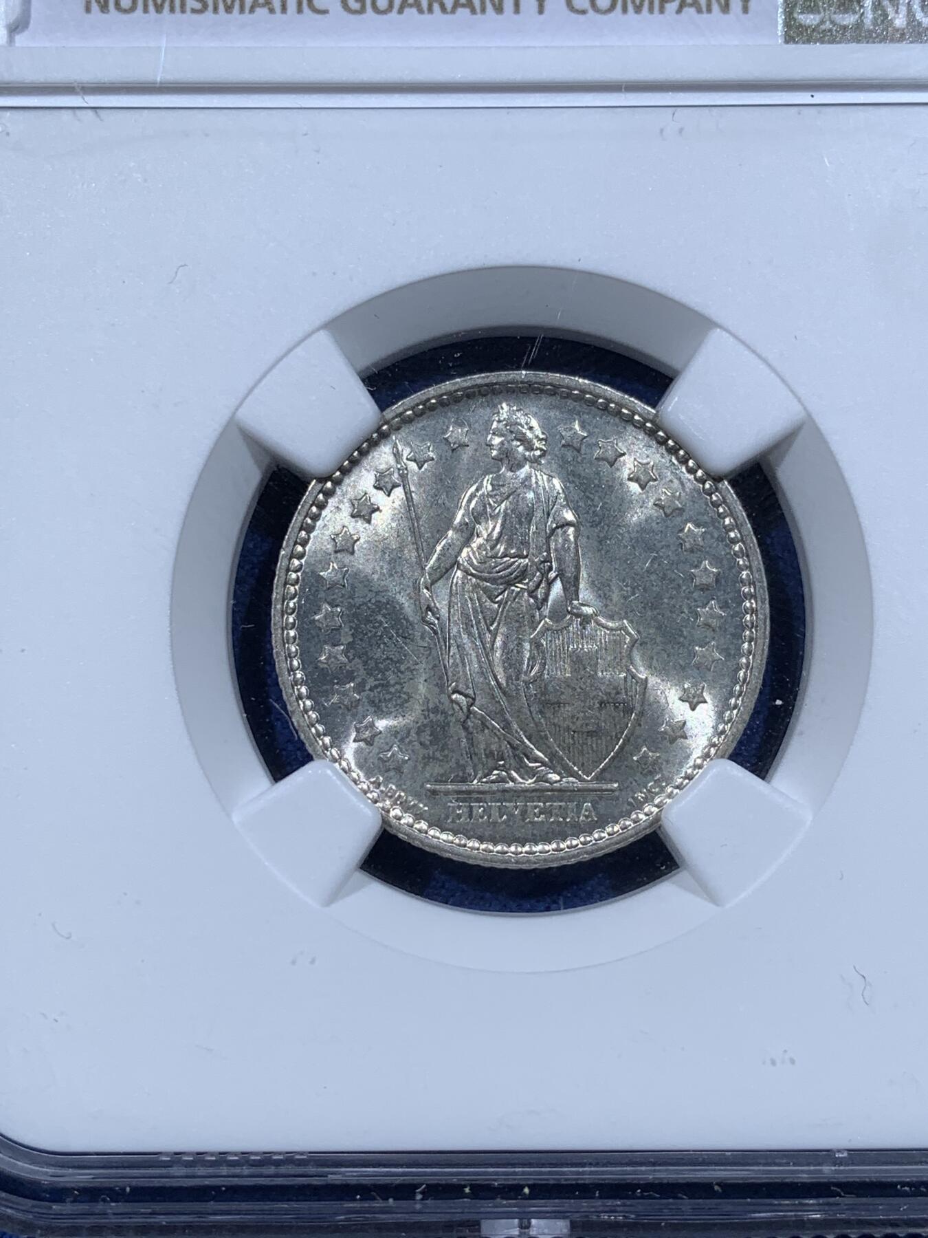 《竞宝斋》第481场 周日，周一 2场连拍 （全场包邮）20级店铺 欢迎送拍 两枚一组 NGC MS61/63 瑞士1950年/1957年女神1/2法郎、1法郎银币