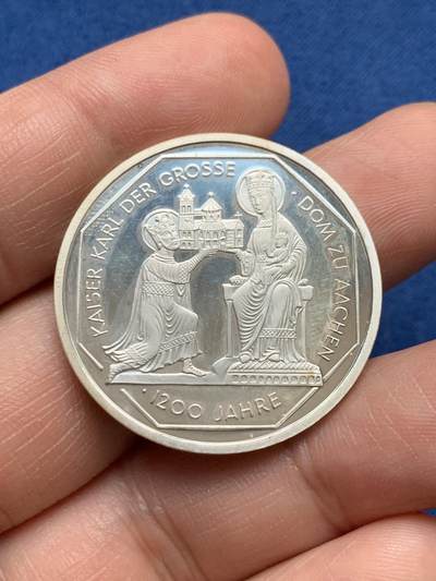 《竞宝斋》第481场 周日，周一 2场连拍 （全场包邮）20级店铺 欢迎送拍 - 德国2000年查理曼大帝在亚琛建立大教堂1200周年纪念银币 925银 15.5克