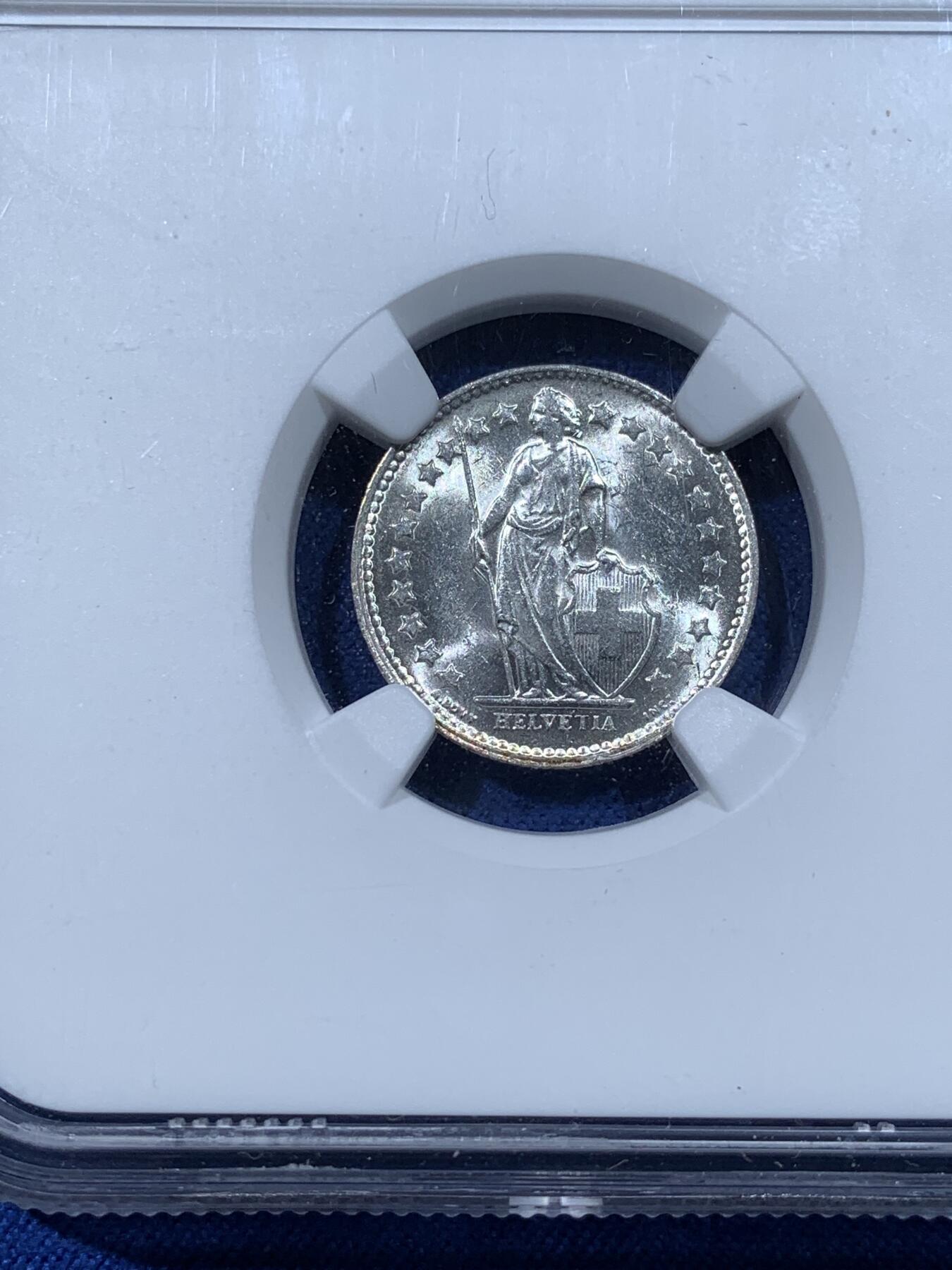 《竞宝斋》第481场 周日，周一 2场连拍 （全场包邮）20级店铺 欢迎送拍 两枚一组 NGC MS61/63 瑞士1950年/1957年女神1/2法郎、1法郎银币