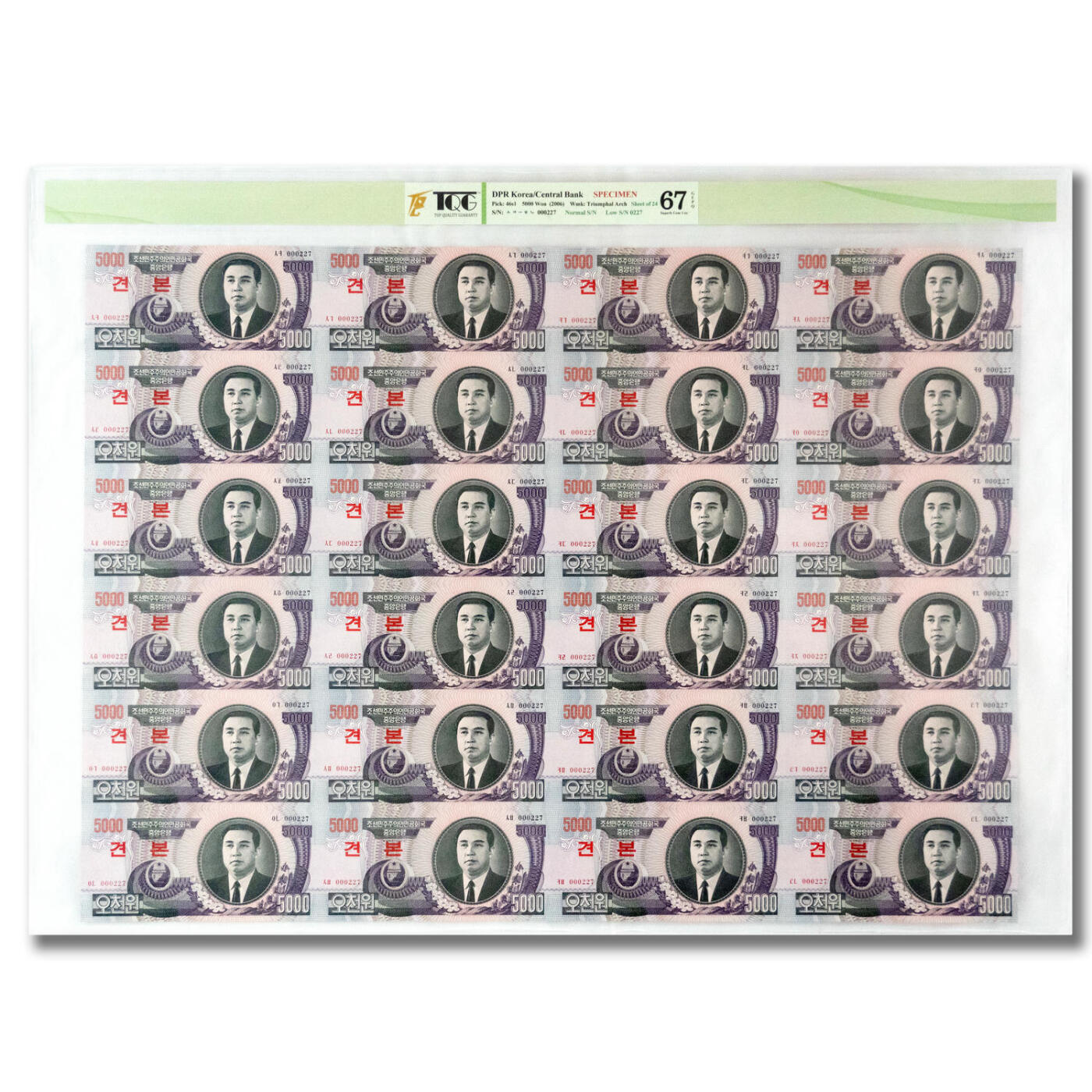 朝鲜2006年版5000元档案样票整版钞24连体罕见品TQG评级67分档案样票整版24连体