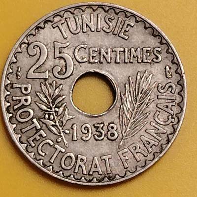 布加迪🐬～世界钱币(上海)🌾第 290 期 /  各国套币和散币 - 突尼斯🇹🇳 1938年 25分