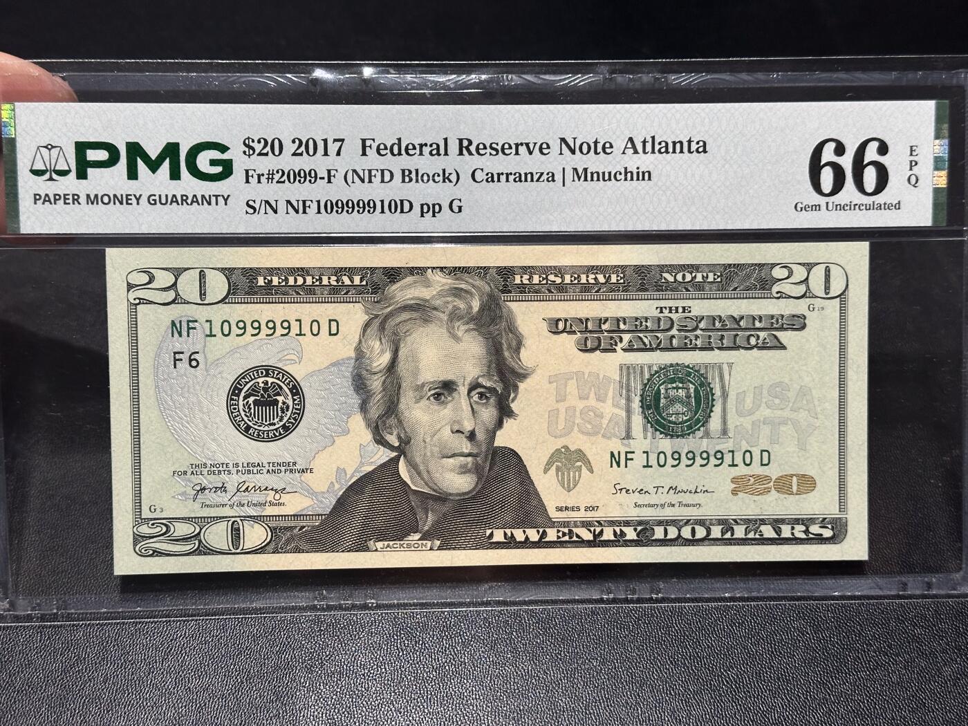 《外钞收藏家》第六百二十八期（精品百拍场）（长期征集拍品、欢迎藏友们联系合作） 2017年美国彩版20美元 PMG66 数三 圆圆号