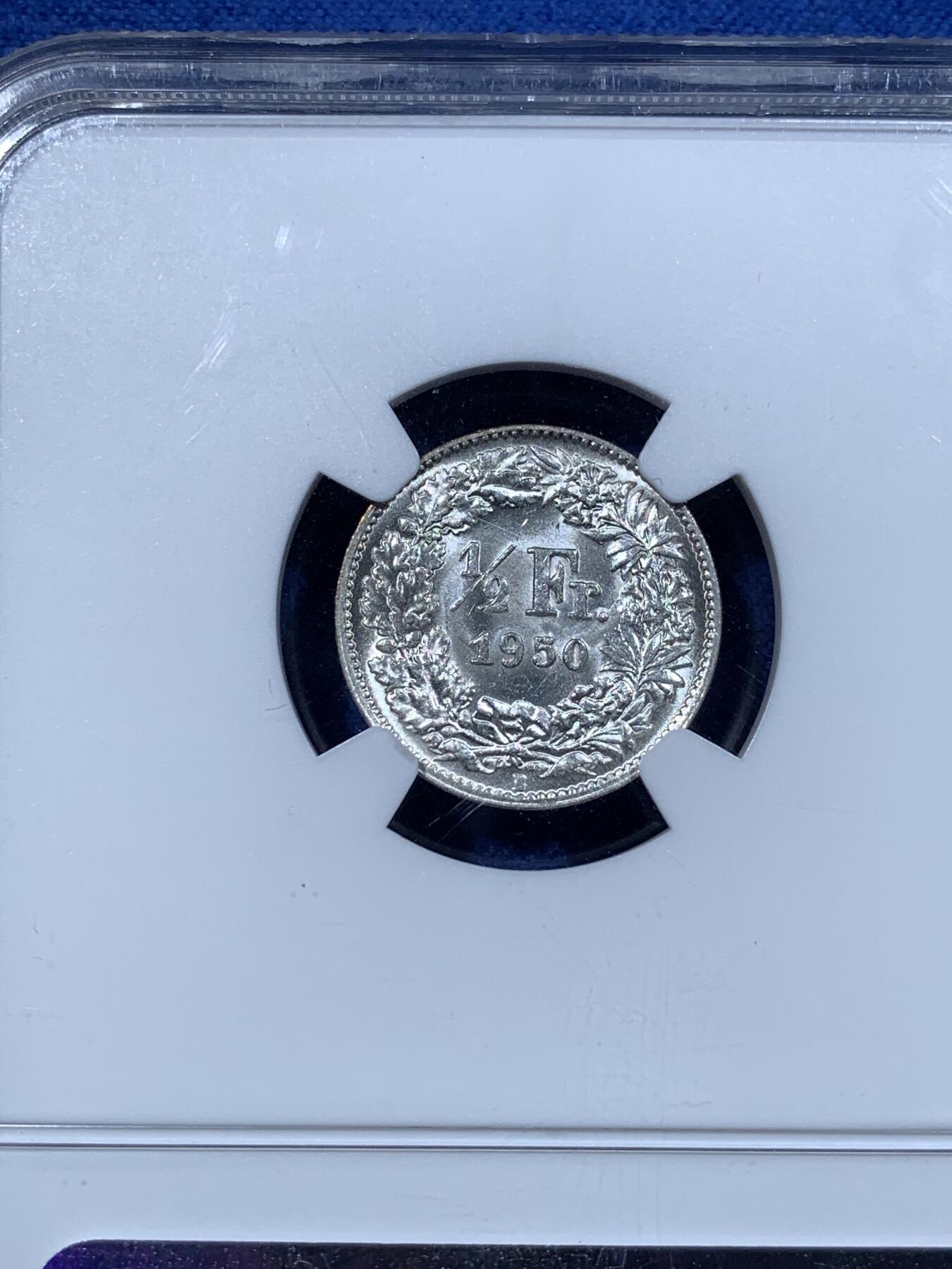 《竞宝斋》第481场 周日，周一 2场连拍 （全场包邮）20级店铺 欢迎送拍 两枚一组 NGC MS61/63 瑞士1950年/1957年女神1/2法郎、1法郎银币