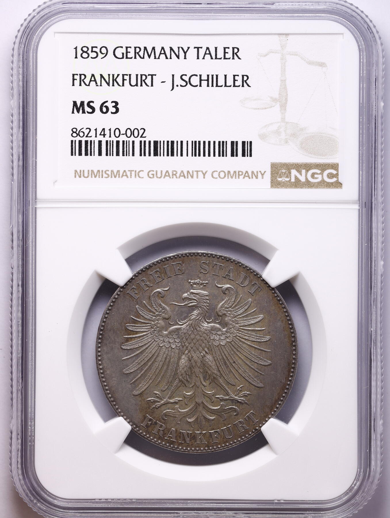 观钱 近现代机制币拍卖No.009（全场顺丰包邮，不区分偏远地区）  1859 年 德国法兰克福自由市 席勒纪念 1 泰勒银币 NGC MS63