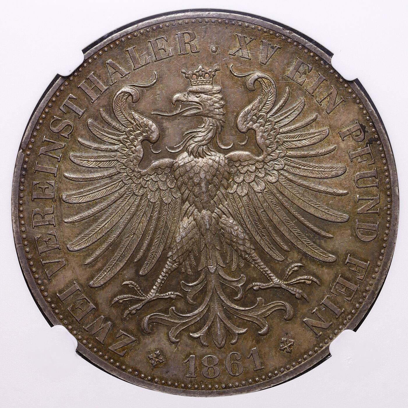 观钱 近现代机制币拍卖No.009（全场顺丰包邮，不区分偏远地区）  1861 年 德国法兰克福自由市少女 2 泰勒银币 NGC MS61 高分，带彩包浆