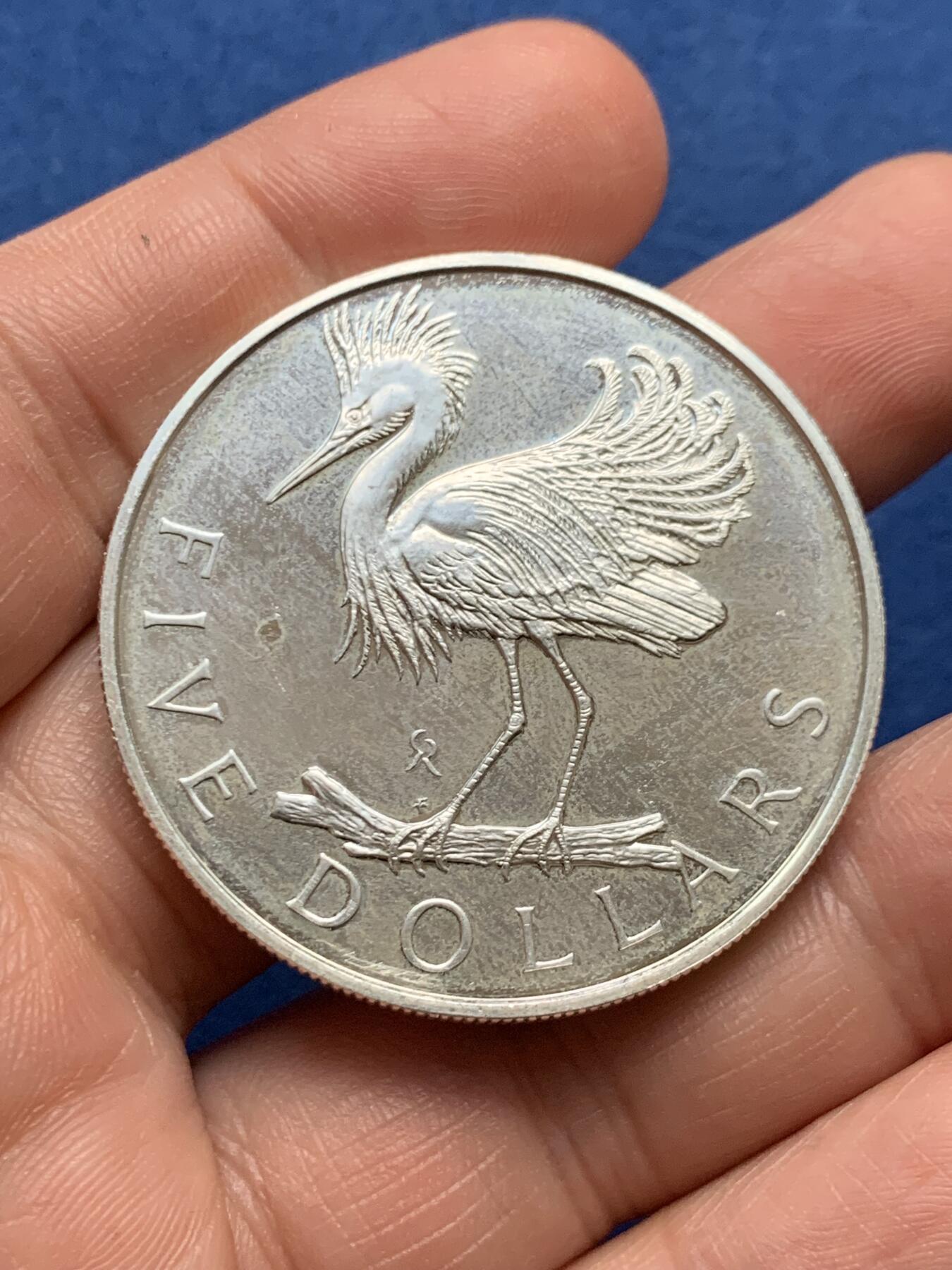 《竞宝斋》第481场 周日，周一 2场连拍 （全场包邮）20级店铺 欢迎送拍 英属维尔京群岛1979年5元苍鹭银币，925银，40.8克，苍鹭图案精美，镜面精制，品相不错，英属维尔京群岛鸟类主题大规格银币，收藏潜力大，细节见图