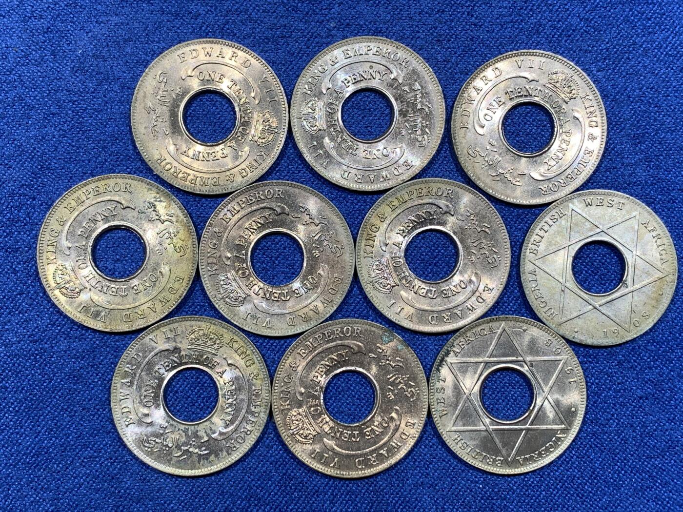 《竞宝斋》第481场 周日，周一 2场连拍 （全场包邮）20级店铺 欢迎送拍 10枚一组 英属西非1908年爱德华七世1/10便士 好品