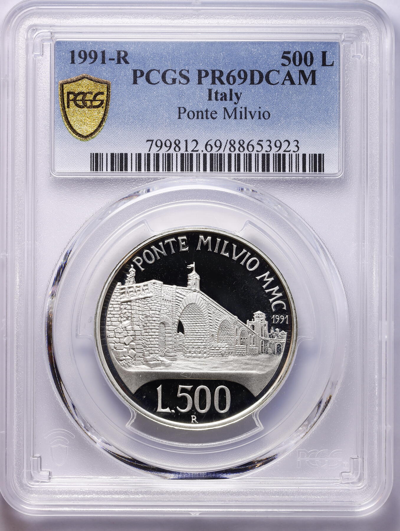 观钱 近现代机制币拍卖No.009（全场顺丰包邮，不区分偏远地区）  1991-R 意大利 “米尔维奥桥（Ponte Milvio）”500 里拉精制银币 PCGS PR69DCAM