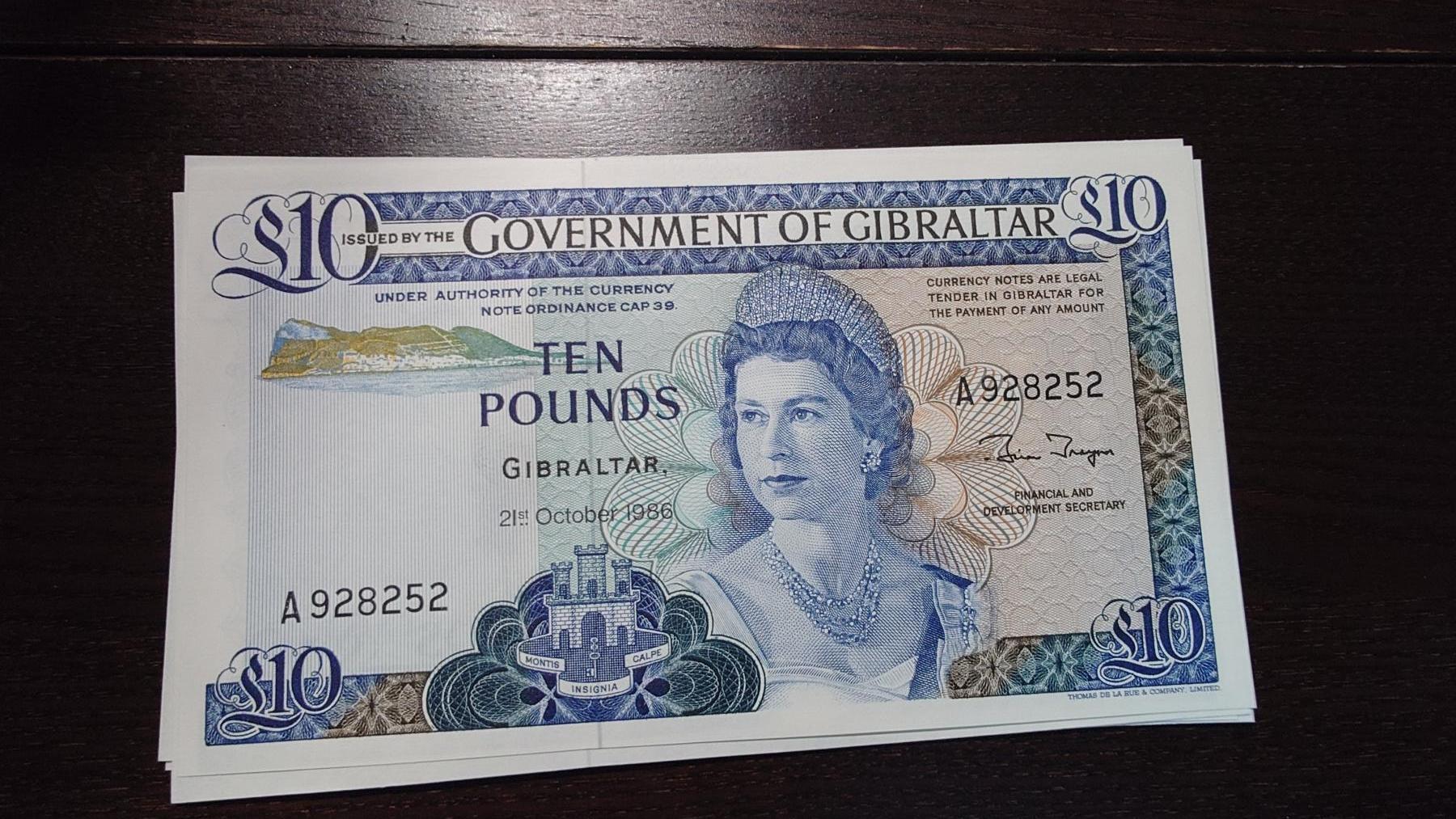 世界钱币～微拍第245期暨2026年第26期  新货卖剩品种部分上架提供选购【有看中的就一开始就出价，别为了晚付几天押金拖到最后，这里没出价的只要群里卖掉了就会撤】 1986年直布罗陀10镑 全新绝品无47尾号252