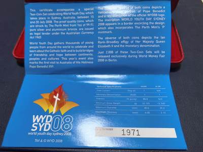长老汇马年精选第十九场拍卖 澳大利亚2008年1元彩色铜银币套 世界青年日（本笃十六世教皇） 1盎司999银 发行量：2万5千 盒证全