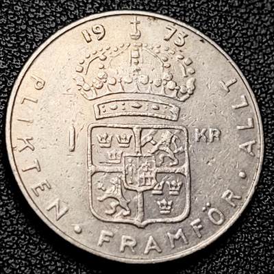 泉币菌-第228场-三月三 上巳节专场 拍品多 请提前出价 瑞典1973年1克朗铜镍币，古斯塔夫六世国王，25mm