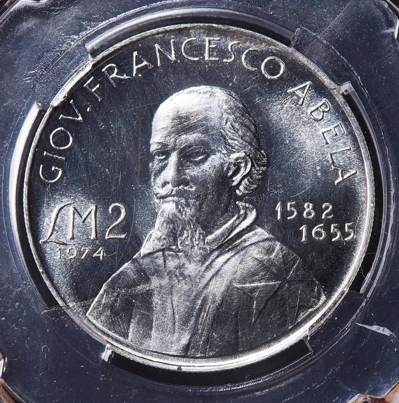 【俄甄集藏】满园春色-2026年(051)04-22星期三 晚 19:30 全场包邮 马耳他1974年历史人物系列-纪念考古学家乔瓦尼·弗朗切斯科·阿贝拉2里拉银币，信泰 MS67，转光品相，重10克，987银，发行量25000枚