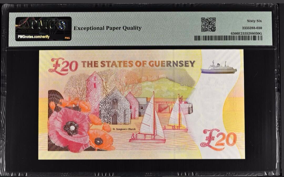 《外钞收藏家》第六百二十八期（精品百拍场）（长期征集拍品、欢迎藏友们联系合作） 2018年根西岛纪念第一次世界大战20磅 伊丽莎白女王像 数三 999豹子身 pmg66EPQ